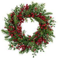 Mixed Pine and Cedar Christmas Wreath with Red Berries and Holly 30 Inch Unlit