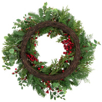 Mixed Pine and Cedar Christmas Wreath with Red Berries and Holly 30 Inch Unlit