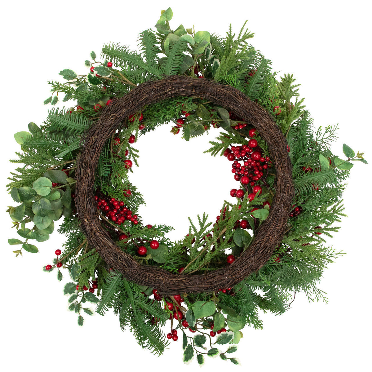 Mixed Pine and Cedar Christmas Wreath with Red Berries and Holly 30 Inch Unlit