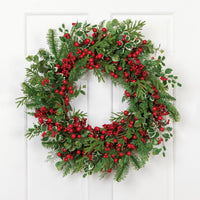Mixed Pine and Cedar Christmas Wreath with Red Berries and Holly 30 Inch Unlit