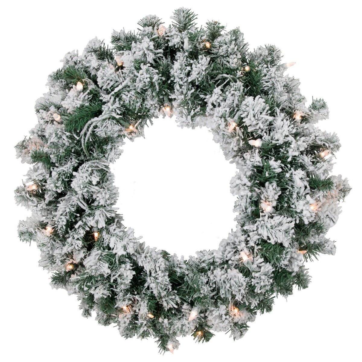 Pre Lit White Christmas Wreath with 50 Clear Mini Lights and 200 Branch Tips, 24 Inch