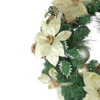 24-Inch Holiday Wreath with Gold Ornaments and Red Poinsettias, Pinecones