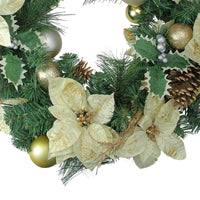 24-Inch Holiday Wreath with Gold Ornaments and Red Poinsettias, Pinecones