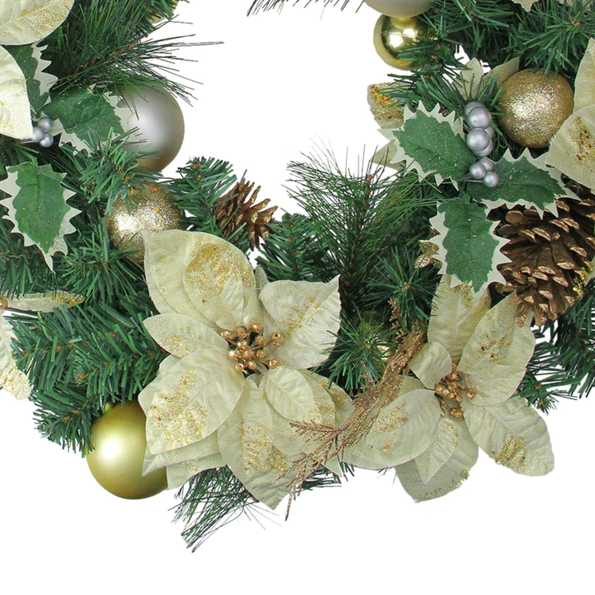 24-Inch Holiday Wreath with Gold Ornaments and Red Poinsettias, Pinecones