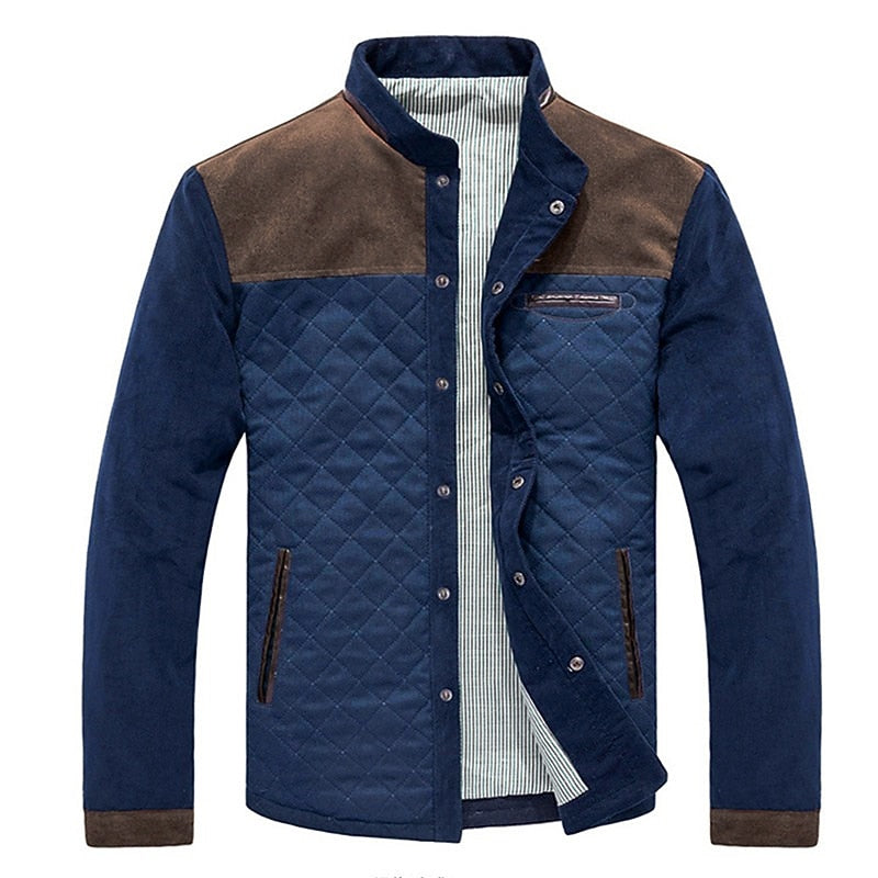 Mens Color Block Quilted Jacket with a Stand Collar, Button Front and Contrasting Shoulder Detail in Brown or Khaki