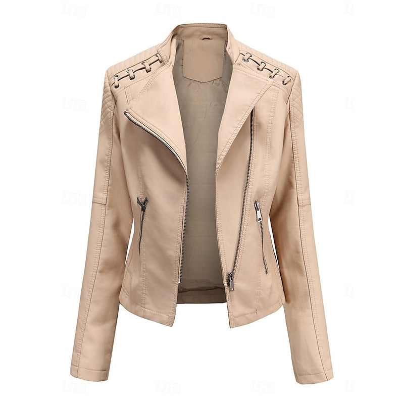 Womens Tailored Biker Jacket with a Structured Silhouette in Black, Khaki, Red or Pink