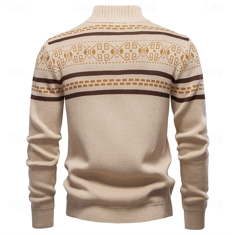 Mens Fair Isle Zip Up Cardigan with Stand Up Collar and Regular Fit in Navy Blue, Khaki and Military Green