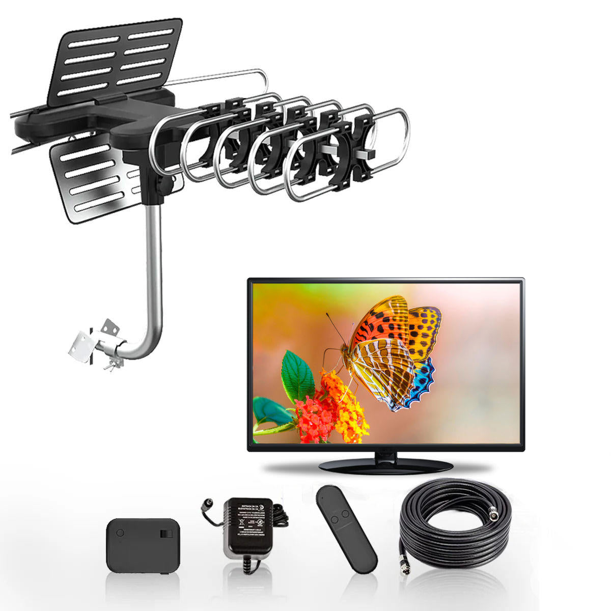 Remote Control Motorized TV Antenna with 360 Degree Rotation and Signal Amplifier, 33ft Cable