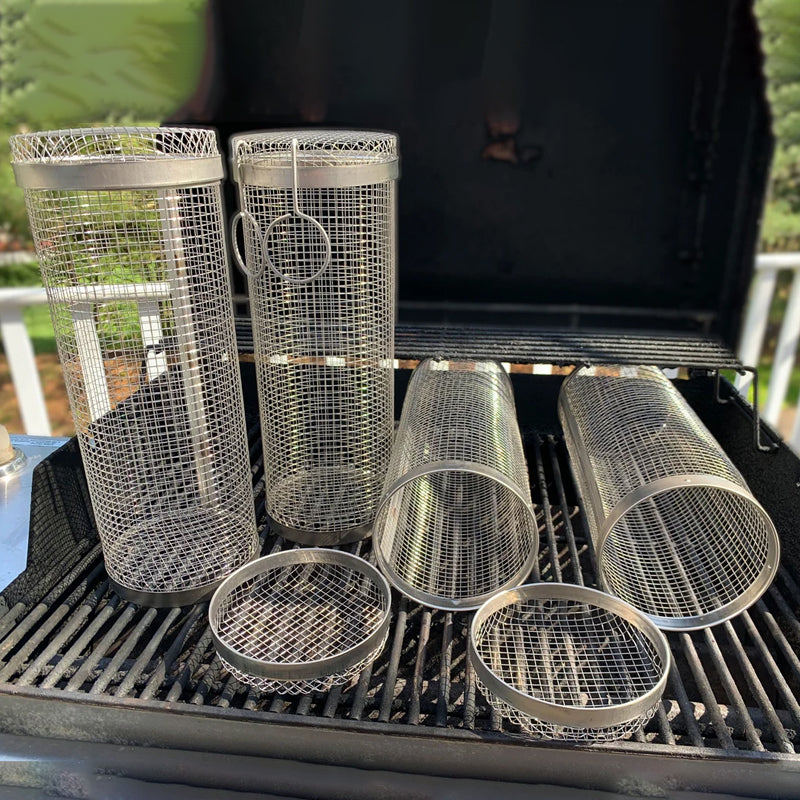 Rotating Stainless Steel Grill Basket with a Movable Door for Vegetables, Meat and Seafood on Charcoal or Gas Grills