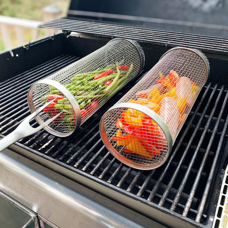 Rotating Stainless Steel Grill Basket with a Movable Door for Vegetables, Meat and Seafood on Charcoal or Gas Grills