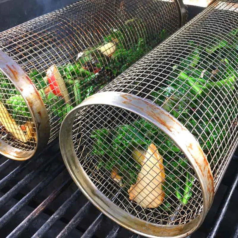 Rotating Stainless Steel Grill Basket with a Movable Door for Vegetables, Meat and Seafood on Charcoal or Gas Grills