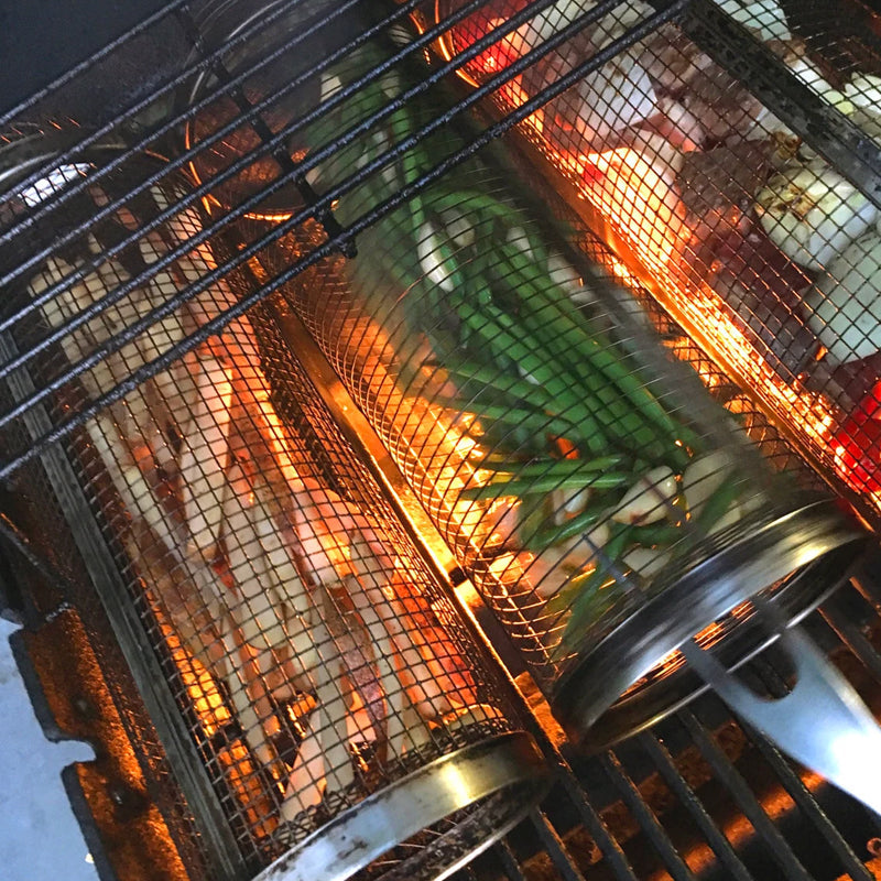 Rotating Stainless Steel Grill Basket with a Movable Door for Vegetables, Meat and Seafood on Charcoal or Gas Grills