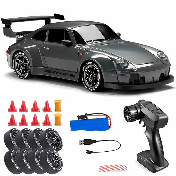 Four Wheel Drive Remote Control Car with LED Lights, Race and Drift Wheels and Mini Traffic Cones