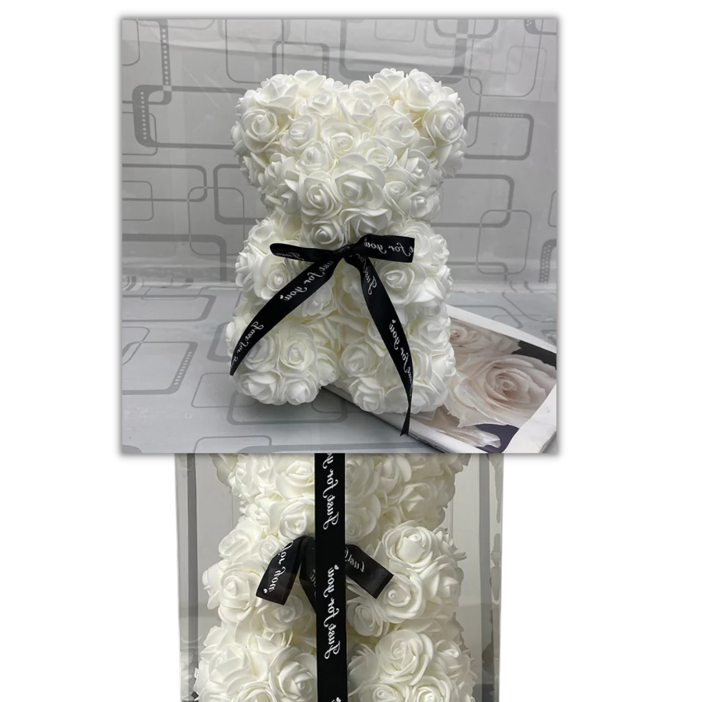 Foam Rose Teddy Bear About 9.8 Inches Tall with a Ribbon in Seven Colors