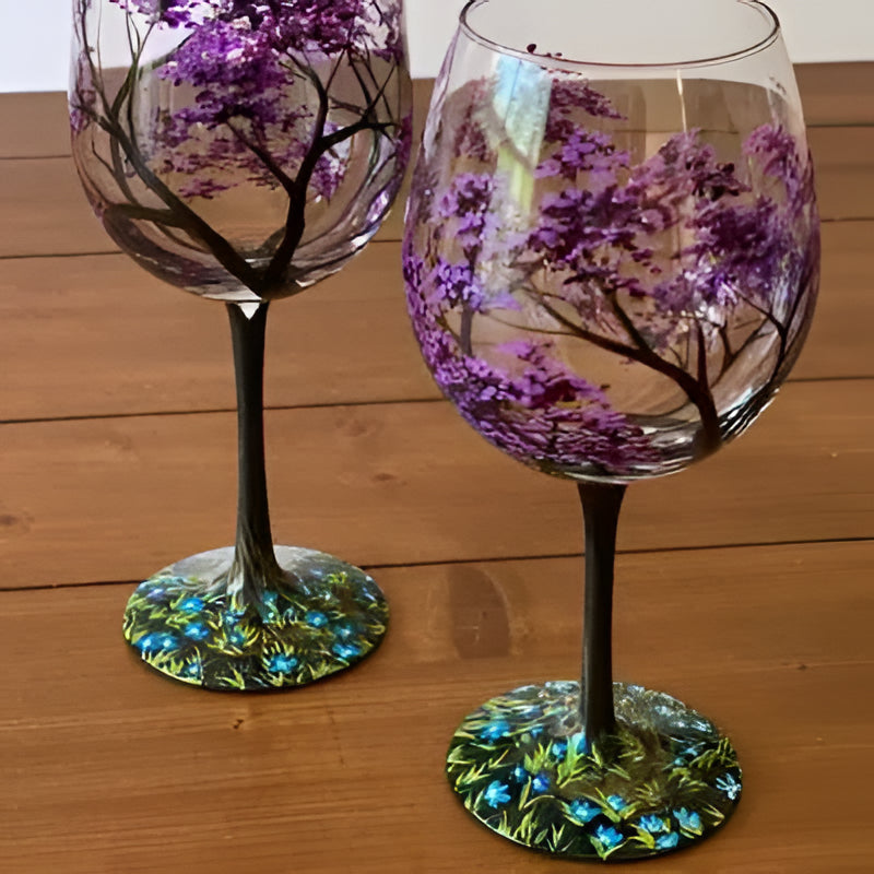 Wine Glasses Hand Painted Four Seasons Tree Design