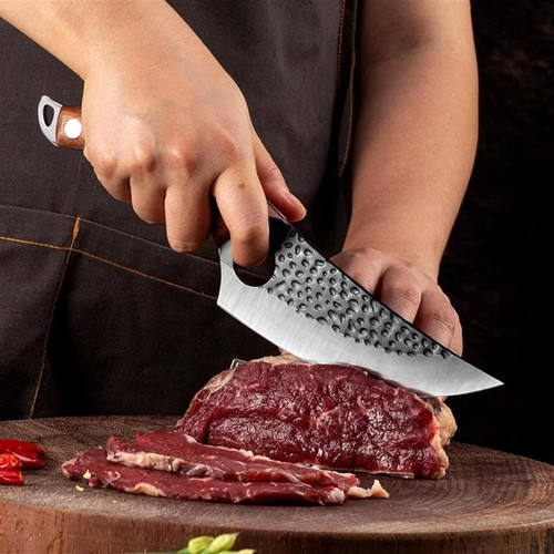 Kitchen Knife with Finger Notch Grip and Metal Alloy Blade, Cherry Wood Handle