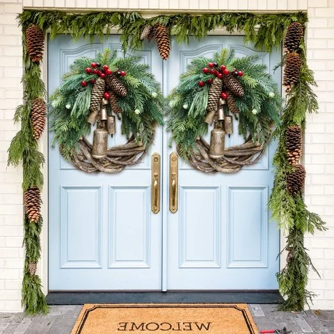 Rustic Vine Wreath with Golden Bells and Pinecones, 17 Inches
