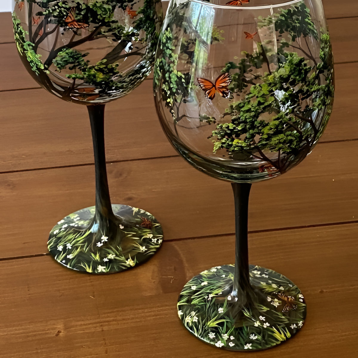 Wine Glasses Hand Painted Four Seasons Tree Design