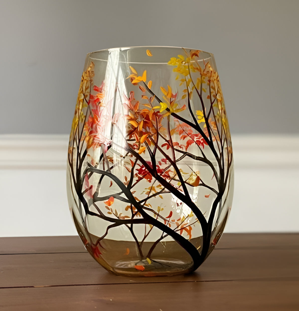 Wine Glasses Hand Painted Four Seasons Tree Design