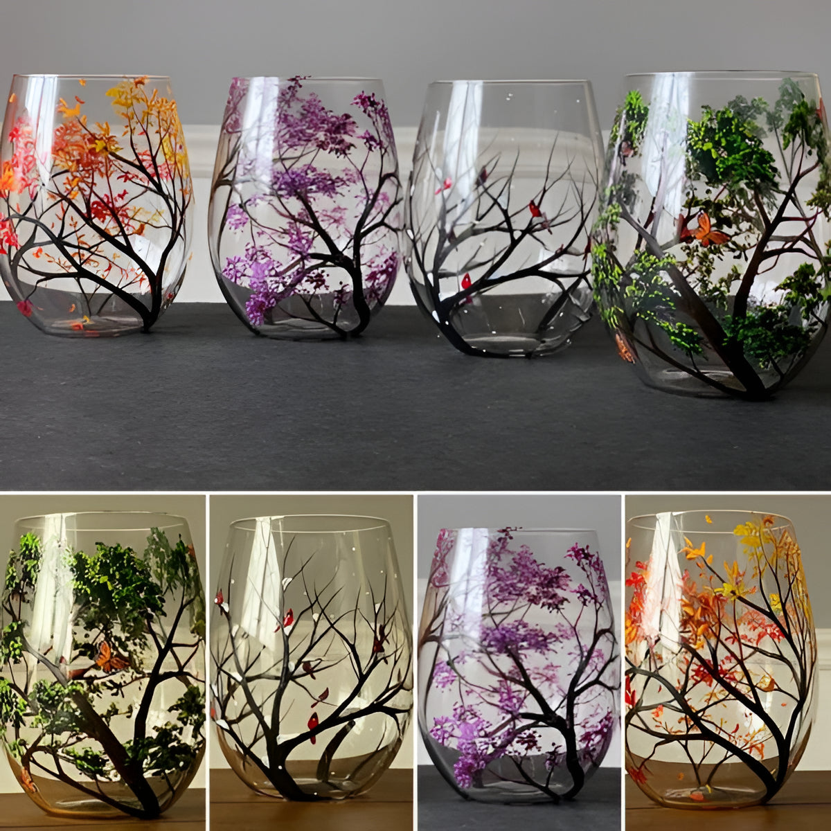Wine Glasses Hand Painted Four Seasons Tree Design