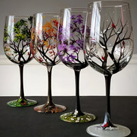 Wine Glasses Hand Painted Four Seasons Tree Design