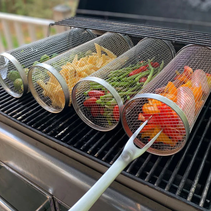 Rotating Stainless Steel Grill Basket with a Movable Door for Vegetables, Meat and Seafood on Charcoal or Gas Grills