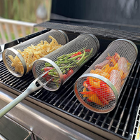 Rotating Stainless Steel Grill Basket with a Movable Door for Vegetables, Meat and Seafood on Charcoal or Gas Grills