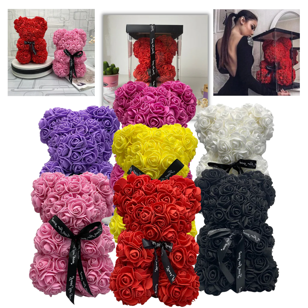 Foam Rose Teddy Bear About 9.8 Inches Tall with a Ribbon in Seven Colors