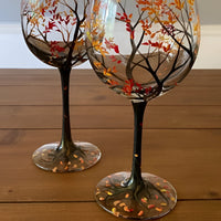 Wine Glasses Hand Painted Four Seasons Tree Design