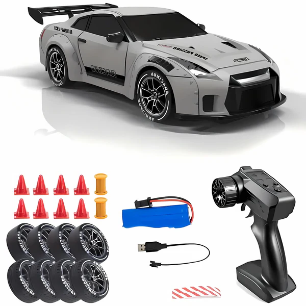 Four Wheel Drive Remote Control Car with LED Lights, Race and Drift Wheels and Mini Traffic Cones
