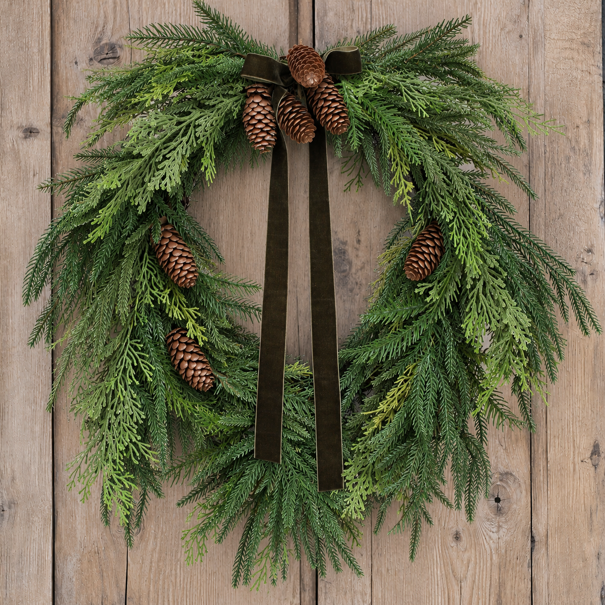 24" Holiday Heart Pine Wreath with Green Ribbon - Interior Delights