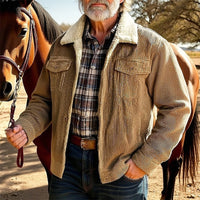 Mens Ranch Style Jacket with Fleece Lined Collar, Ribbed Texture and Chest and Side Pockets in Khaki, Gray or Coffee