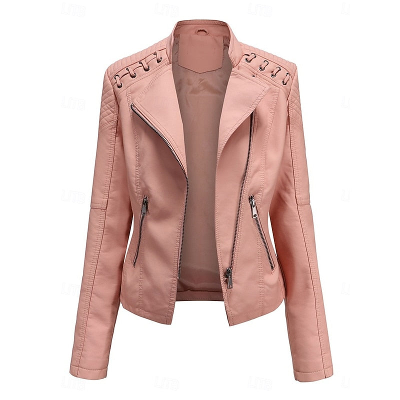 Womens Tailored Biker Jacket with a Structured Silhouette in Black, Khaki, Red or Pink