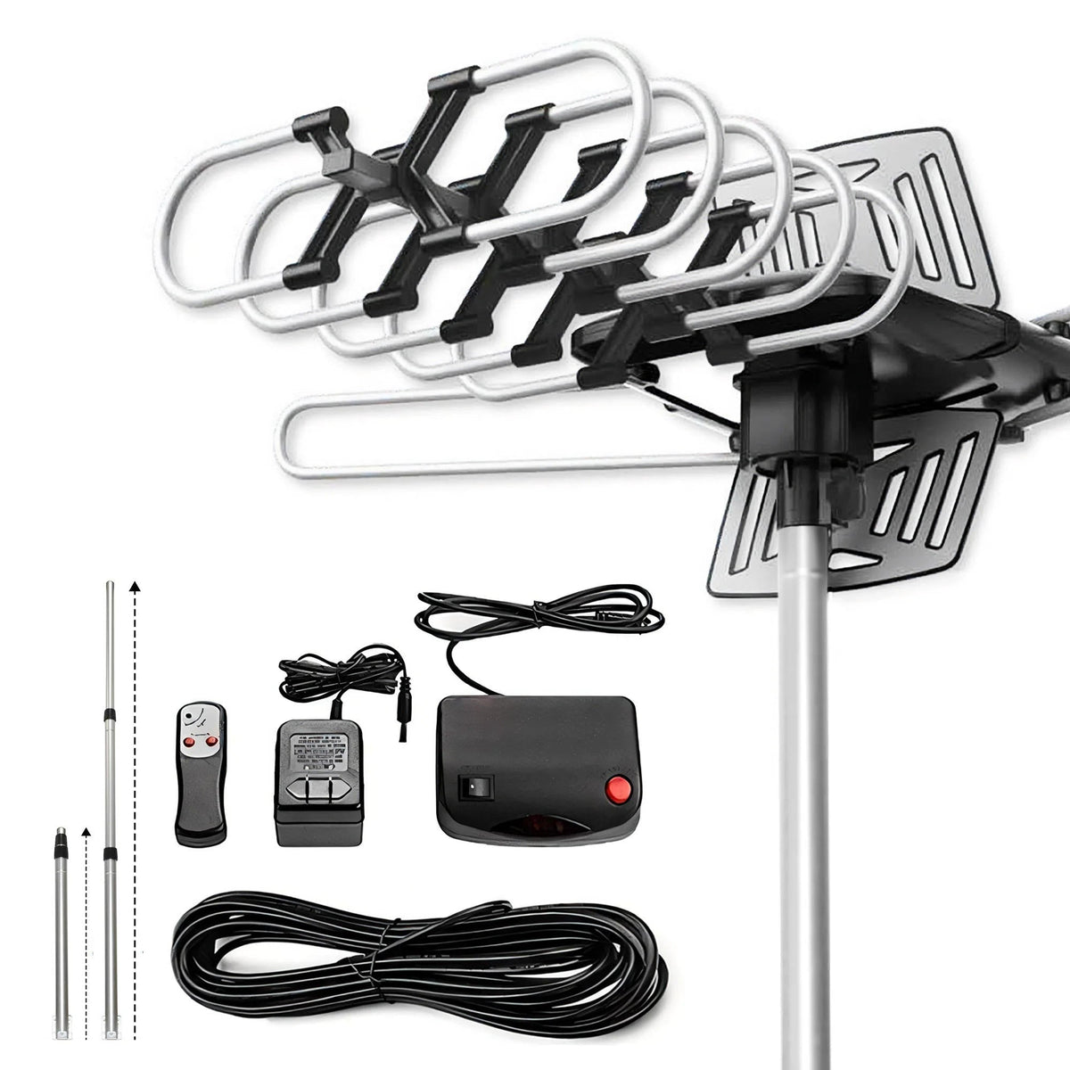 Remote Control Motorized TV Antenna with 360 Degree Rotation and Signal Amplifier, 33ft Cable