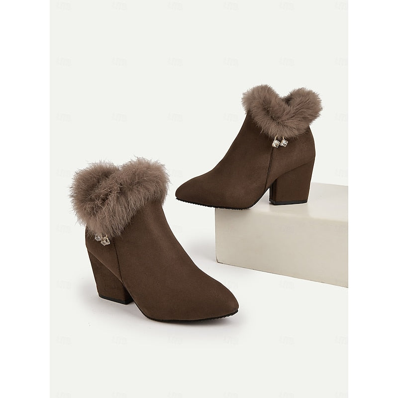 Block Heel Ankle Boots with Plush Trim, Pointed Toe and Side Zip in Brown or Black