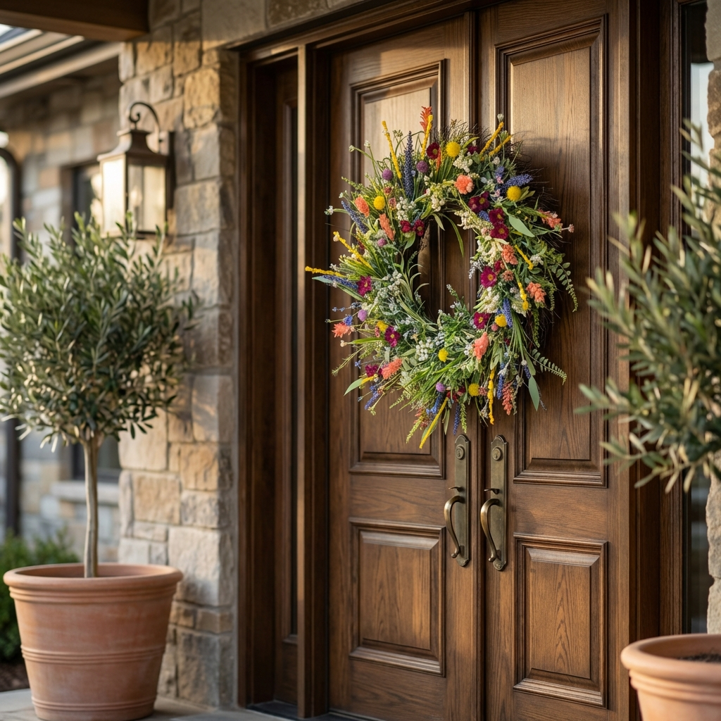 Spring Wildflower Door Wreath with Grapevine Base and Eucalyptus Greenery