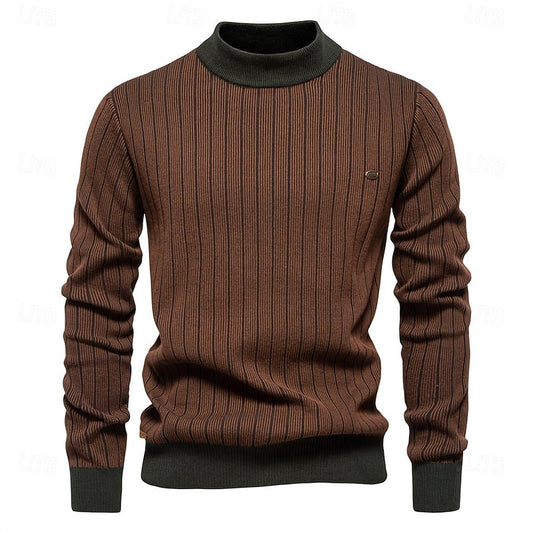 Mens Ribbed Mock Neck Sweater with Vertical Rib Pattern and Tailored Relaxed Fit in Four Colors