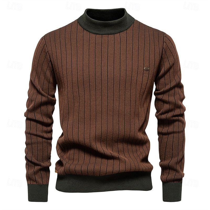 Mens Ribbed Mock Neck Sweater with Vertical Rib Pattern and Tailored Relaxed Fit in Four Colors
