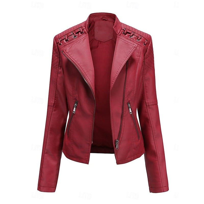 Womens Tailored Biker Jacket with a Structured Silhouette in Black, Khaki, Red or Pink
