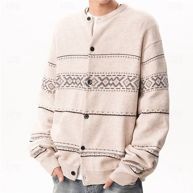 Mens Button Down Patterned Cardigan with Full Front Closure and Regular Fit in Dark Gray or Beige
