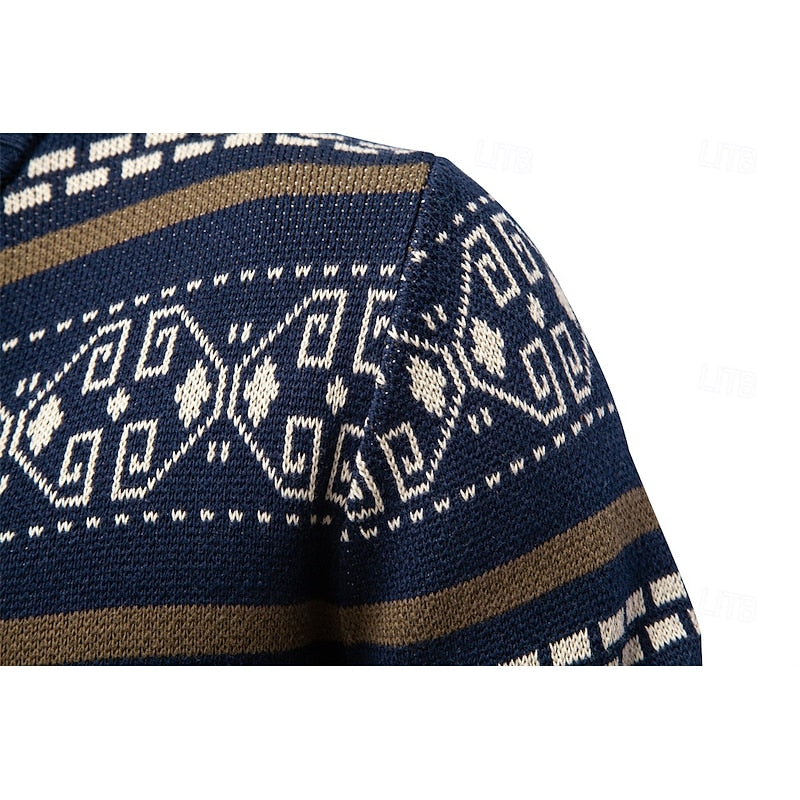 Mens Fair Isle Zip Up Cardigan with Stand Up Collar and Regular Fit in Navy Blue, Khaki and Military Green
