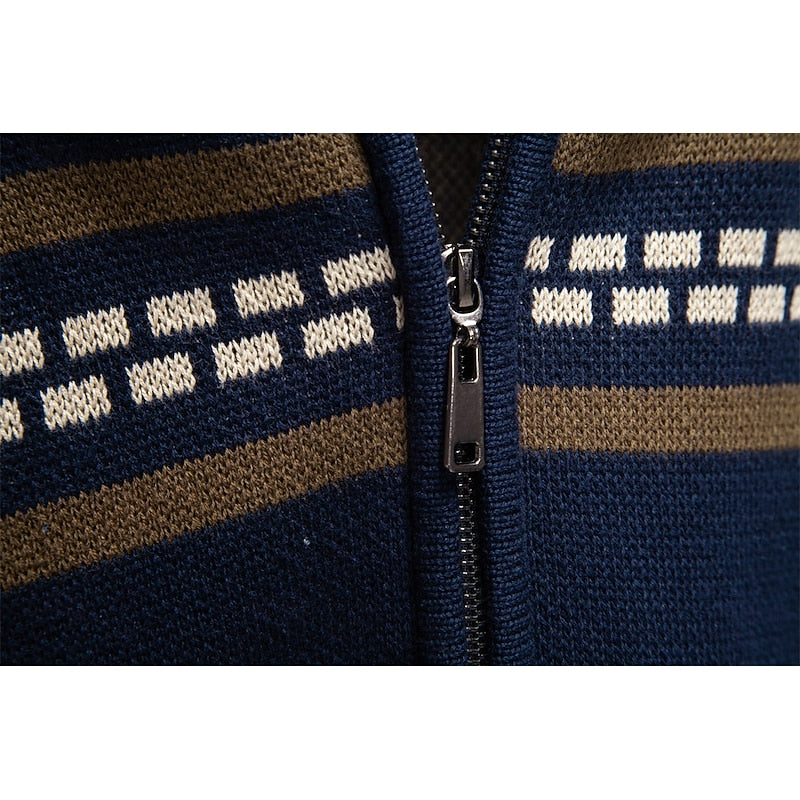 Mens Fair Isle Zip Up Cardigan with Stand Up Collar and Regular Fit in Navy Blue, Khaki and Military Green