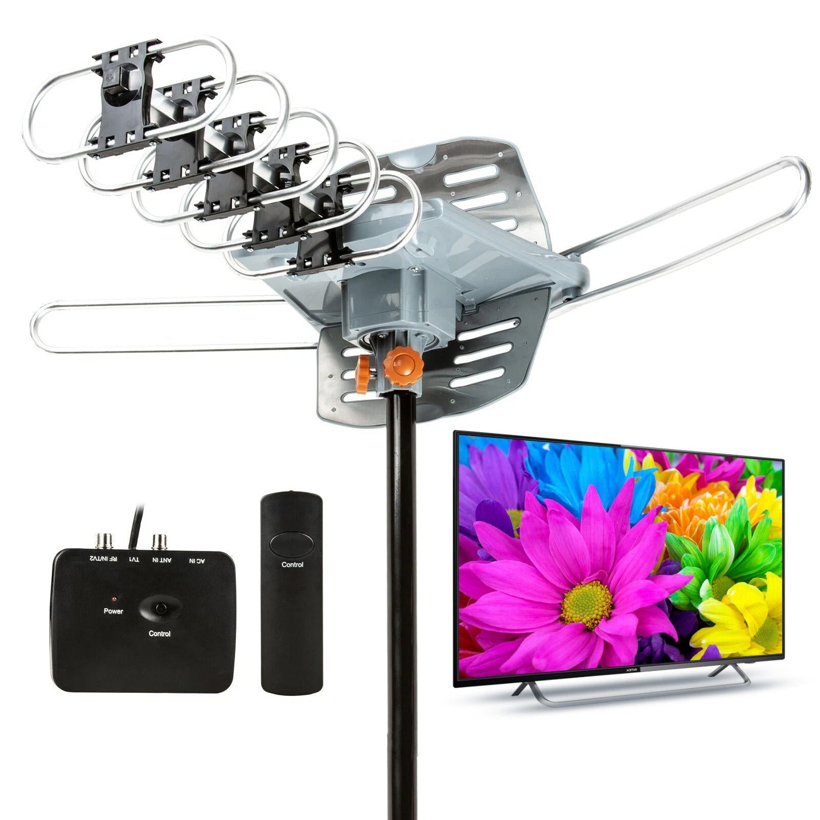 HDTV Antenna with Motorized 360 Degree Rotation and Mounting Pole