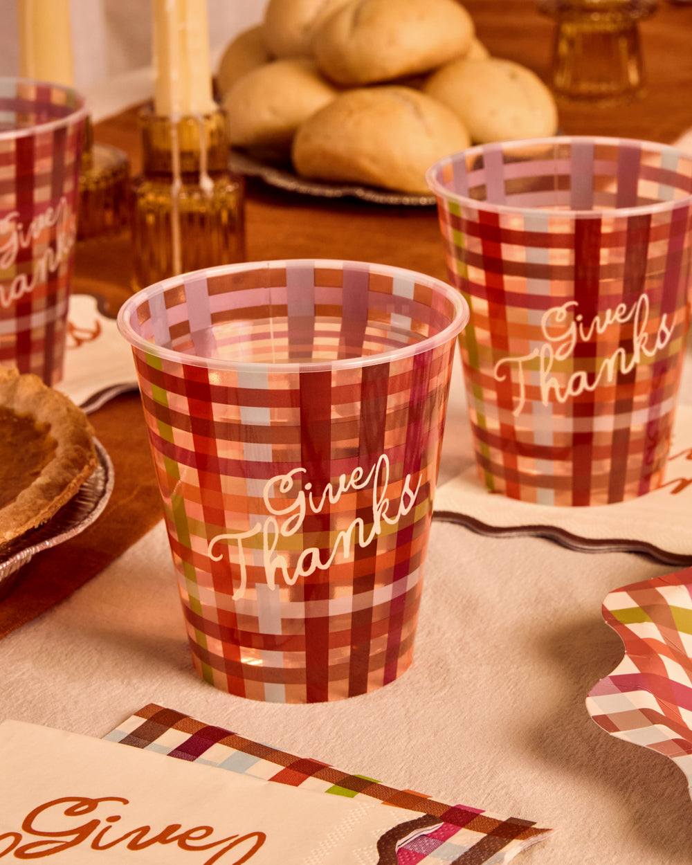 Plaid Thanksgiving Paper Cups with Give Thanks Script, 16-Count
