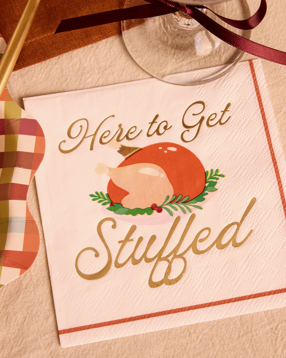 Turkey Cocktail Napkins with Gold Foil Accents and Cream Base, 50-Count