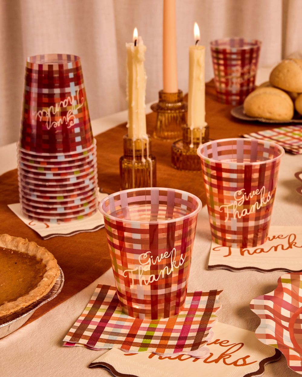 Plaid Thanksgiving Paper Cups with Give Thanks Script, 16-Count