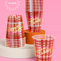 Plaid Thanksgiving Paper Cups with Give Thanks Script, 16-Count