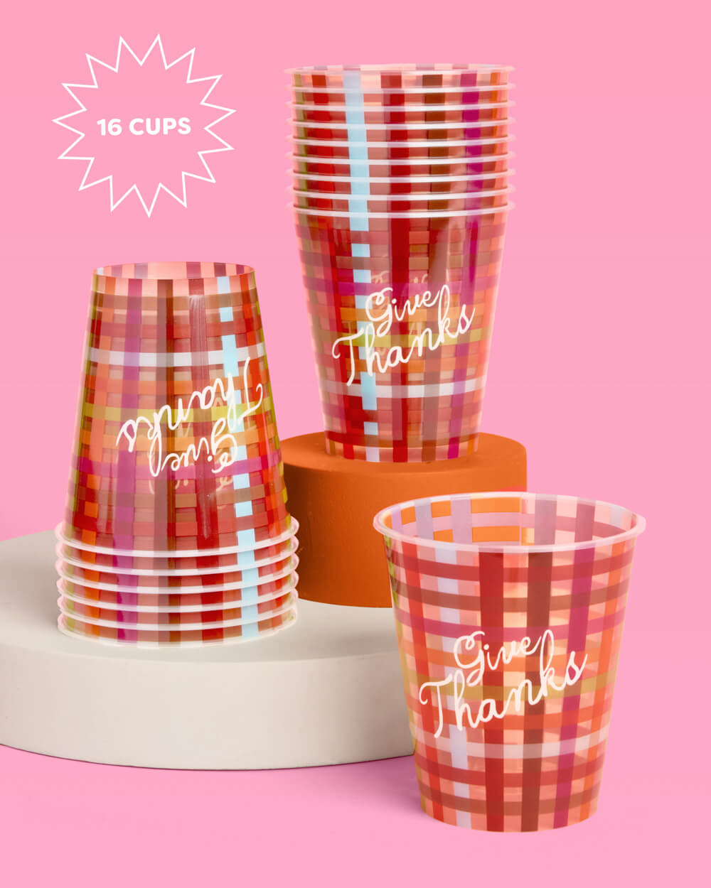 Plaid Thanksgiving Paper Cups with Give Thanks Script, 16-Count