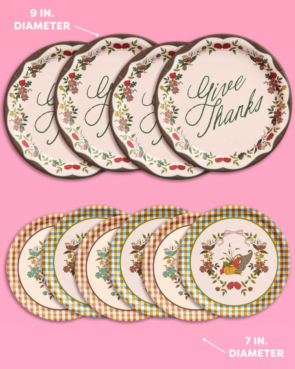Iridescent Paper Plates with Autumn Patterns, Dual Size Set for Thanksgiving