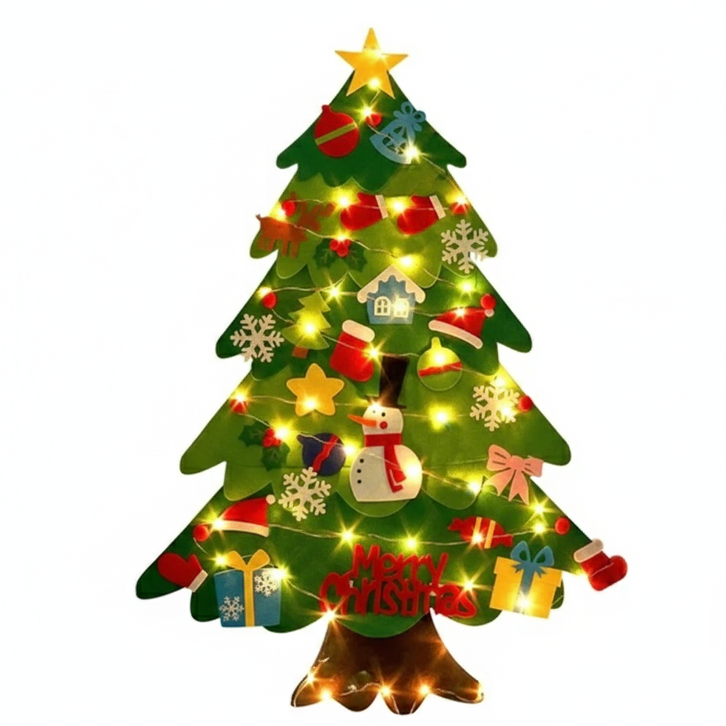 Interactive Felt Christmas Tree with Detachable Ornaments and LED Lamp